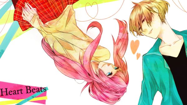 Anime picture 1920x1080 with eco (mayoko) long hair highres short hair blue eyes blonde hair wide image pink hair couple heart of string girl boy skirt heart sweater