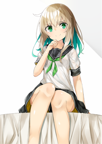Anime picture 801x1130 with original kavka single long hair tall image looking at viewer blush fringe light erotic blonde hair simple background smile hair between eyes white background sitting green eyes pleated skirt multicolored hair light smile aqua hair