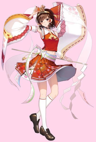 Anime picture 2128x3155 with touhou hakurei reimu crazycola single tall image blush fringe highres short hair breasts smile brown hair brown eyes bent knee (knees) traditional clothes japanese clothes wide sleeves arms up armpit (armpits) floral print