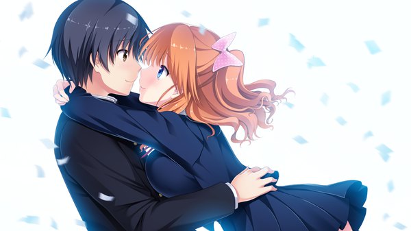 Anime picture 1280x720 with gin'iro haruka aoi hinata (gin'iro haruka) long hair blush short hair blue eyes black hair wide image brown eyes game cg orange hair couple hug almost kiss girl boy bow hair bow confetti