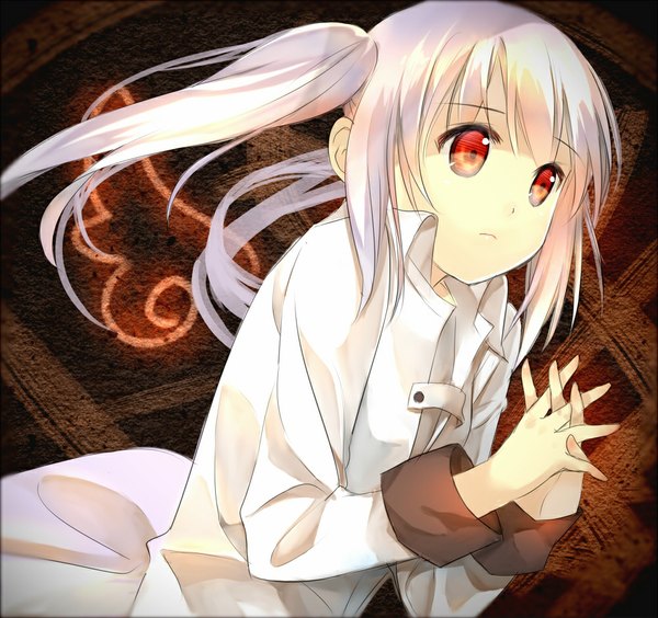 Anime picture 1000x941 with original shiro (xinta) xinta single long hair red eyes twintails looking away white hair girl