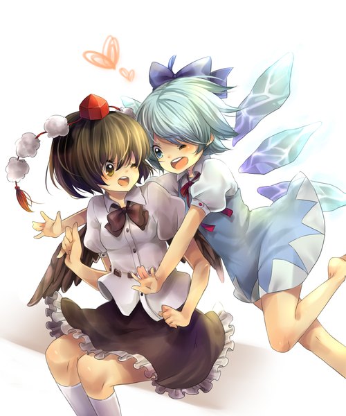 Anime picture 1038x1246 with touhou shameimaru aya cirno rojiko tall image short hair open mouth blue eyes black hair simple background white background multiple girls brown eyes blue hair one eye closed wink loli black wings girl dress