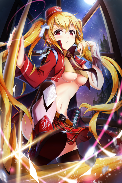 Anime picture 1600x2400 with original bae.c single long hair tall image breasts light erotic blonde hair red eyes twintails night night sky legs girl skirt navel hair ornament hat miniskirt necktie