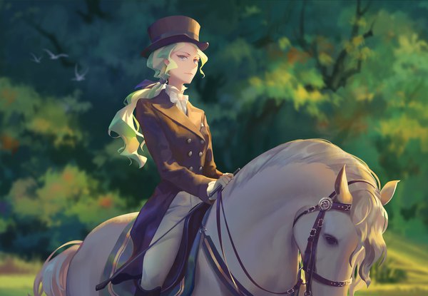 Anime picture 1920x1329 with little witch academia studio trigger diana cavendish edakai long hair looking at viewer highres blue eyes smile sitting green hair sunlight blurry wavy hair riding girl gloves uniform plant (plants) animal