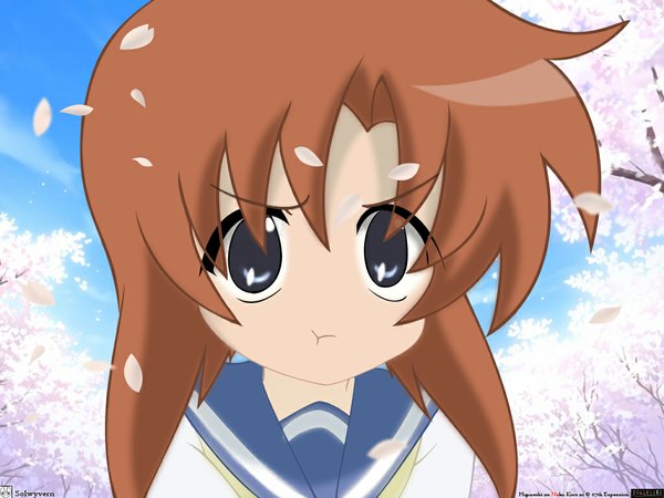 Anime picture 1024x768 with higurashi no naku koro ni studio deen ryuuguu rena single looking at viewer fringe short hair brown hair sky outdoors black eyes copyright name cherry blossoms :t girl uniform plant (plants) petals tree (trees) serafuku