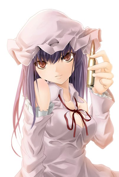 Anime picture 1491x2219 with touhou patchouli knowledge koh (minagi kou) single long hair tall image looking at viewer simple background red eyes white background purple hair girl dress detached sleeves bonnet cartridge