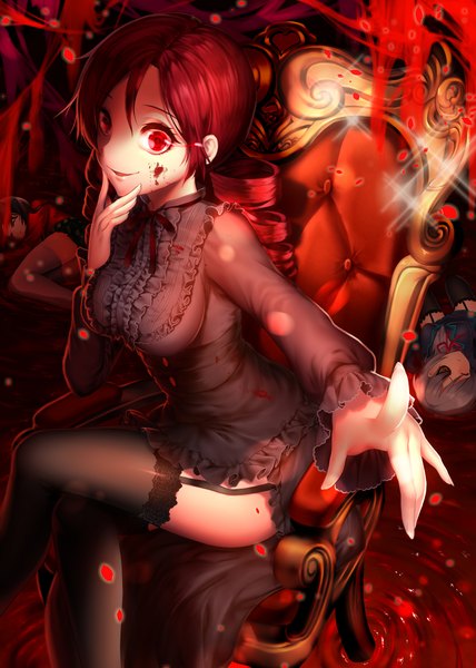 Anime picture 1500x2100 with sword girls iri flina vernika answer black joa single long hair tall image light erotic smile red eyes sitting red hair crossed legs drill hair girl thighhighs dress black thighhighs frills blood