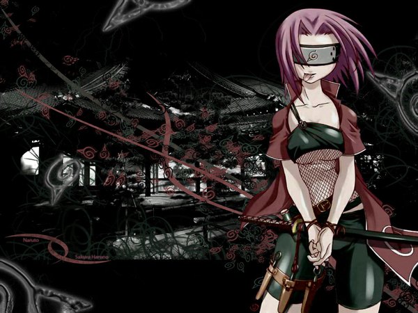 Anime picture 1024x768 with naruto studio pierrot naruto (series) haruno sakura single short hair pink hair open clothes dark background :p girl weapon sword tongue katana bandana leggings