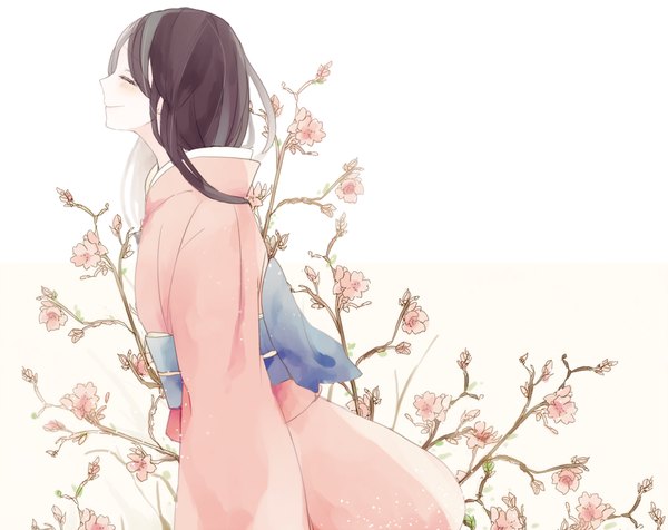 Anime picture 1000x794 with original komachi (artist) single long hair blush black hair smile eyes closed traditional clothes japanese clothes profile girl flower (flowers) kimono branch