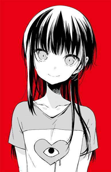 Anime picture 603x933 with original mukuro (sakiyo cake) sakiyo cake single long hair tall image looking at viewer fringe black hair simple background smile short sleeves grey eyes monochrome red background otoko no ko heart print boy heart t-shirt