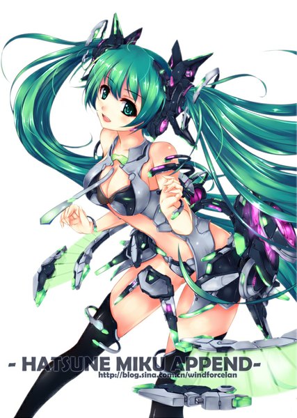 Anime picture 655x921 with vocaloid vocaloid append hatsune miku hatsune miku (append) windforcelan single tall image looking at viewer blush breasts open mouth light erotic smile white background twintails green eyes very long hair green hair girl