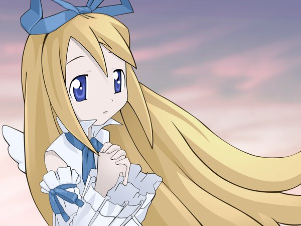 Anime picture 1600x1200 with disgaea flonne single long hair blue eyes blonde hair looking away upper body wind hands clasped white wings girl bow hair bow wings