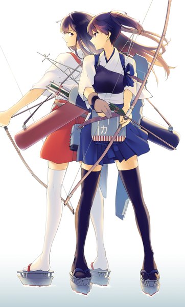 Anime picture 1028x1704 with kantai collection kaga aircraft carrier akagi aircraft carrier nakatani long hair tall image fringe short hair simple background brown hair standing white background multiple girls brown eyes looking away traditional clothes japanese clothes profile wind zettai ryouiki