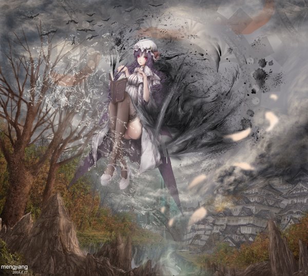 Anime picture 1241x1111 with touhou patchouli knowledge tamamono atae single long hair red eyes purple hair legs magic mountain flying vampire girl thighhighs plant (plants) hat tree (trees) shoes book (books) building (buildings)
