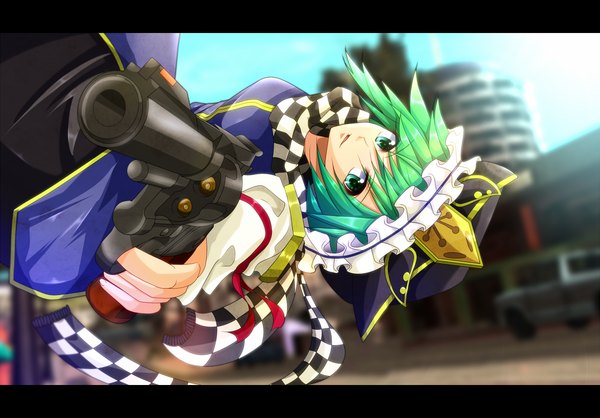 Anime picture 1326x924 with touhou shikieiki yamaxanadu pandora-ex single short hair green eyes green hair girl weapon scarf gun