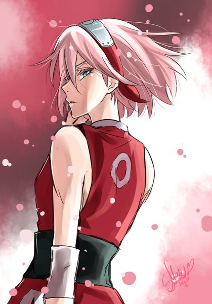 Anime picture 716x1024 with naruto studio pierrot naruto (series) haruno sakura maria suhanova single tall image looking at viewer short hair blue eyes green eyes signed pink hair upper body profile looking back from behind dated girl forehead protector