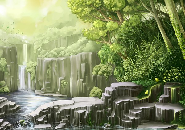 Anime picture 2046x1447 with original yoshikattyu highres no people landscape river nature waterfall plant (plants) animal tree (trees) water bird (birds)