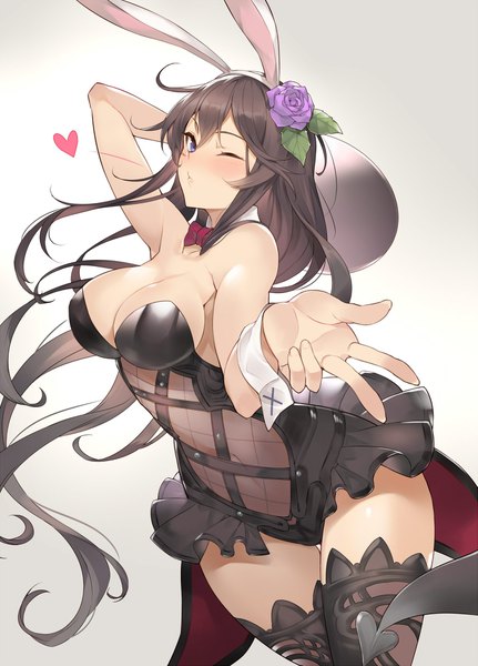 Anime picture 1437x2000 with granblue fantasy rosetta (granblue fantasy) kakage single long hair tall image looking at viewer fringe breasts light erotic simple background hair between eyes brown hair large breasts purple eyes bare shoulders animal ears cleavage one eye closed arm up