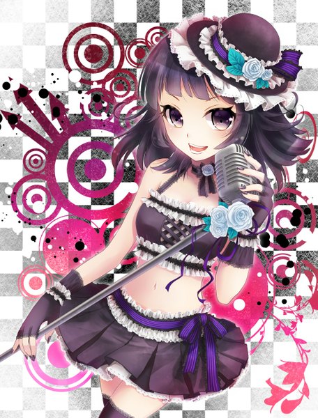Anime picture 992x1303 with original nunucco single tall image looking at viewer fringe short hair open mouth black hair smile nail polish black eyes bare belly black nail polish checkered checkered background girl thighhighs skirt gloves