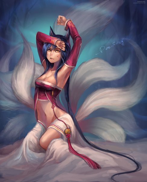 Anime picture 1099x1352 with league of legends ahri (league of legends) single long hair tall image fringe breasts light erotic black hair animal ears yellow eyes animal tail arms up midriff facial mark multiple tails whisker markings girl navel detached sleeves