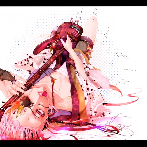 Anime picture 1150x1145 with original fujimaru6379 single long hair white background pink hair nipples lying nail polish japanese clothes inscription piercing mouth hold scar eyeshadow face paint boy water kimono ring