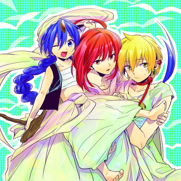 Anime picture 1061x1061 with magi the labyrinth of magic a-1 pictures morgiana aladdin (magi) ali baba saluja tagme (artist) blue eyes simple background blonde hair red eyes holding yellow eyes blue hair red hair one eye closed barefoot wink group silhouette girl