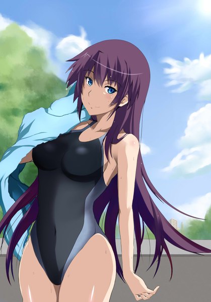 Anime picture 1300x1860 with bakemonogatari shaft (studio) monogatari (series) senjougahara hitagi maki ikazuya single long hair tall image looking at viewer blush blue eyes light erotic smile sky purple hair cloud (clouds) girl swimsuit plant (plants) tree (trees)