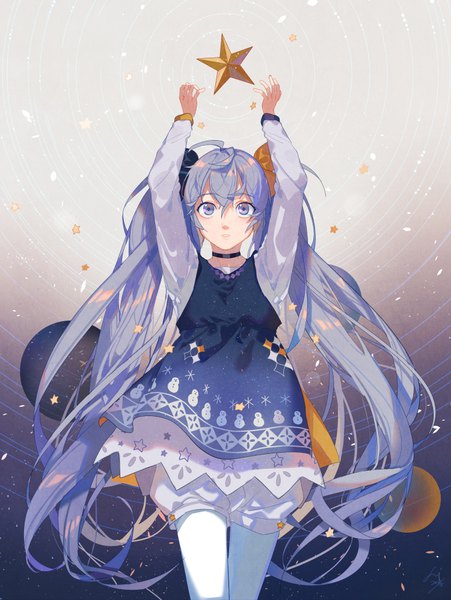 Anime picture 750x998 with vocaloid hatsune miku fuyu no yoru miku fei renlei single tall image fringe hair between eyes twintails blue hair ahoge very long hair arms up girl petals pantyhose shorts star (symbol) star (stars) planet