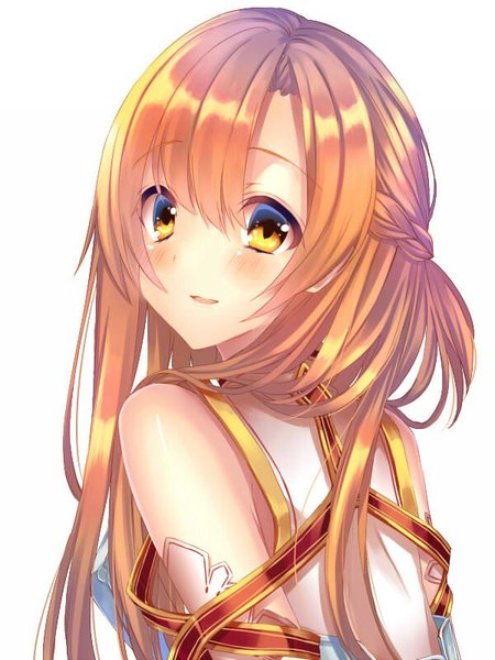 Anime picture 600x800 with sword art online a-1 pictures yuuki asuna saijou haruki long hair tall image blush fringe open mouth simple background white background yellow eyes parted lips looking back orange hair half updo girl detached sleeves