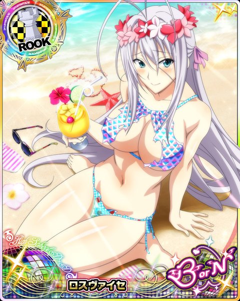 Anime picture 640x800 with highschool dxd rossweisse single tall image looking at viewer blush breasts blue eyes light erotic large breasts cleavage white hair very long hair hair flower beach torn clothes card (medium) sunglasses removed torn swimsuit girl