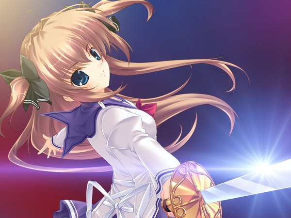 Anime picture 1600x1200 with nanairo kouro asuka mirai mikeou long hair blue eyes brown hair game cg girl sword serafuku