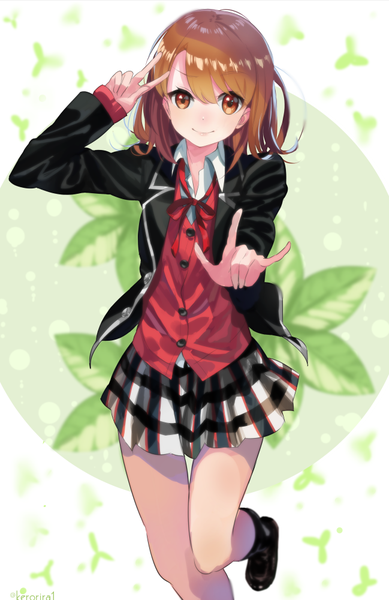 Anime picture 649x1000 with yahari ore no seishun love comedy wa machigatteiru. brains base (studio) isshiki iroha kerorira single tall image looking at viewer fringe short hair smile brown hair standing brown eyes pleated skirt plaid skirt victory standing on one leg open collar mmm girl