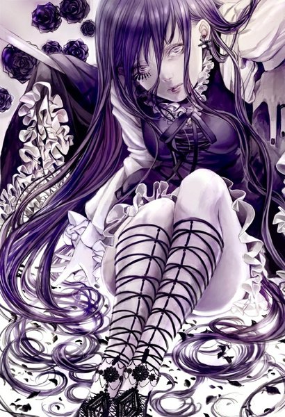 Anime picture 699x1024 with si (pixiv) single long hair tall image looking at viewer blush sitting purple eyes purple hair nail polish lips face paint knees touching girl dress flower (flowers) bow ribbon (ribbons) earrings petals