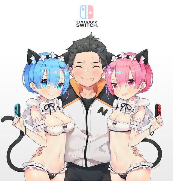 Anime picture 1000x1043 with re:zero kara hajimeru isekai seikatsu nintendo white fox rem (re:zero) ram (re:zero) natsuki subaru ayami (annahibi) tall image looking at viewer blush fringe short hair blue eyes light erotic black hair hair between eyes standing multiple girls holding animal ears