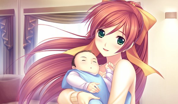 Anime picture 1024x600 with kimi ga ita kisetsu isumi marika long hair wide image green eyes game cg ponytail red hair girl child (children)