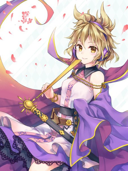 Anime picture 600x800 with touhou toyosatomimi no miko akidzuki haruhi single tall image fringe short hair blonde hair smile hair between eyes bare shoulders brown eyes girl weapon sword headphones cape lace