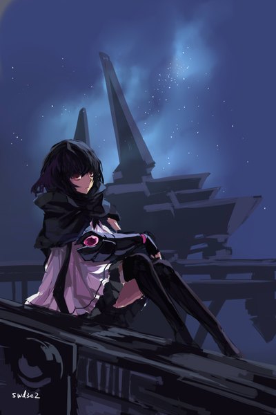 Anime picture 1181x1771 with original paradise (character) swd3e2 single tall image looking at viewer short hair black hair red eyes signed night scenic girl dress gloves black socks building (buildings) star (stars) knee socks mantle