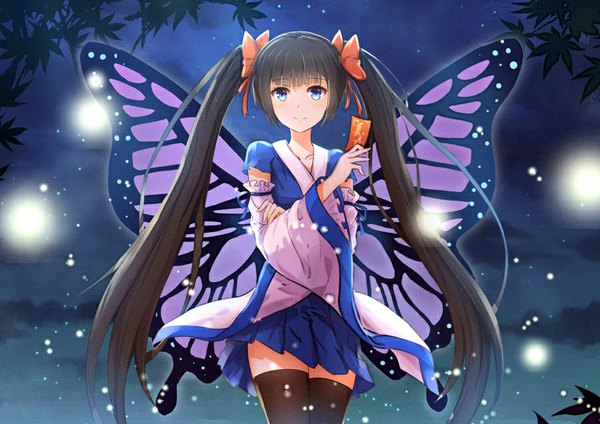 Anime picture 900x636 with original pixiv fantasia pixiv fantasia t byakuya reki single long hair blue eyes black hair twintails insect wings butterfly wings girl thighhighs bow black thighhighs hair bow detached sleeves wings