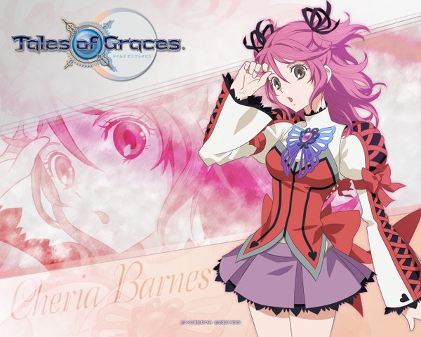 Anime picture 1280x1024 with tales of graces cheria barnes single long hair open mouth brown eyes pink hair girl dress bow ribbon (ribbons) hair ribbon brooch