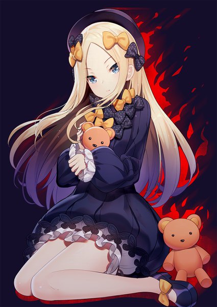 Anime picture 850x1200 with fate (series) fate/grand order abigail williams (fate) ririko (zhuoyandesailaer) single long hair tall image looking at viewer blue eyes simple background blonde hair sitting full body black background wariza girl dress bow hair bow hat