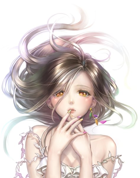 Anime picture 1186x1500 with original reveur rev-chan ao+beni single long hair tall image looking at viewer breasts black hair simple background white background bare shoulders lips orange eyes finger to mouth messy hair girl dress earrings
