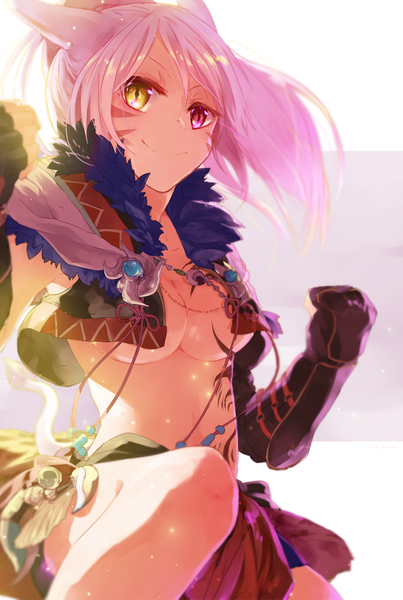 Anime picture 794x1182 with final fantasy final fantasy xiv square enix miqo'te lili mdoki single long hair tall image looking at viewer fringe breasts light erotic smile large breasts signed animal ears pink hair bent knee (knees) ponytail tail