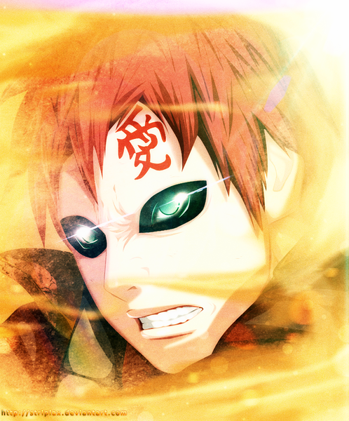 Anime picture 913x1100 with naruto studio pierrot naruto (series) gaara striplax single tall image short hair red hair aqua eyes sunlight tattoo grin coloring facial mark glowing close-up face glowing eye (eyes) sand