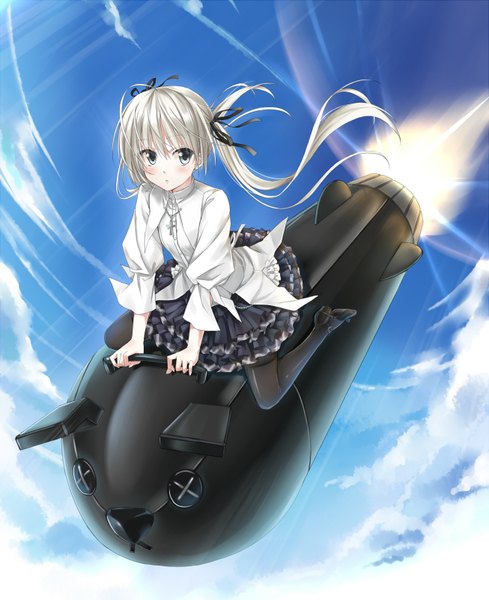 Anime picture 1306x1600 with yosuga no sora kasugano sora hika (cross-angel) long hair tall image blush blue eyes twintails cloud (clouds) white hair girl dress ribbon (ribbons) hair ribbon rocket