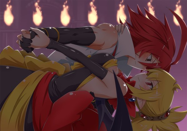 Anime picture 1200x840 with disgaea rozalin adell blush short hair blonde hair red eyes bare shoulders brown eyes red hair pointy ears couple hug pink background face to face bat wings dancing girl boy gloves