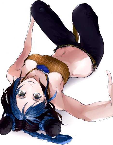 Anime picture 1000x1283 with jojo no kimyou na bouken kujo jolyne teyuruun single long hair tall image looking at viewer black hair simple background smile white background brown eyes blue hair lying braid (braids) multicolored hair two-tone hair hair bun (hair buns) leg lift (legs lift) upside down