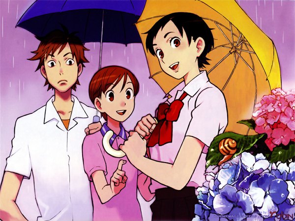 Anime picture 1024x768 with blood+ production i.g otonashi saya miyagusuku kai miyagusuku riku short hair open mouth black hair smile brown eyes red hair rain curly hair girl boy flower (flowers) shirt bowtie leaf (leaves) umbrella