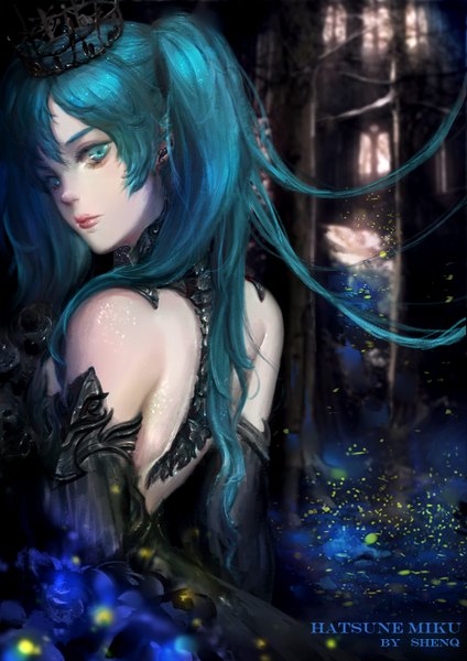 Anime picture 980x1386 with vocaloid hatsune miku shenq single long hair tall image fringe twintails bare shoulders signed looking back aqua eyes lips aqua hair alternate costume character names girl detached sleeves crown
