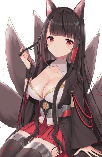Anime picture 1326x2047 with azur lane akagi (azur lane) izumo neru single long hair tall image looking at viewer fringe breasts light erotic black hair red eyes large breasts sitting animal ears cleavage tail blunt bangs traditional clothes japanese clothes