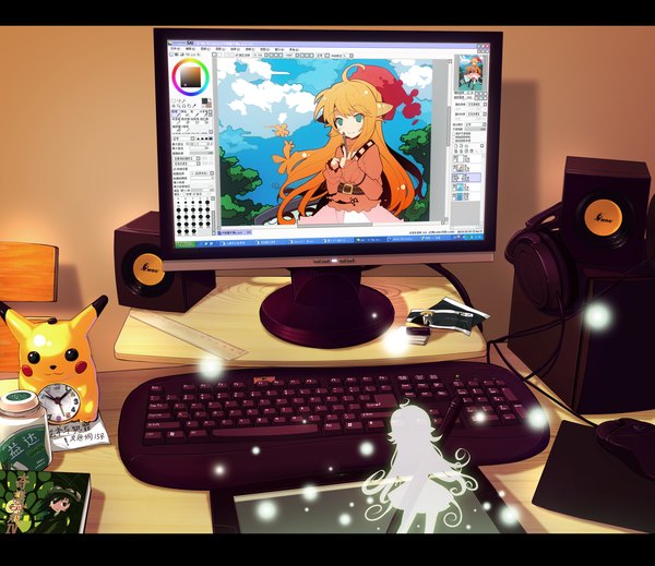 Anime picture 3144x2722 with pokemon kino no tabi nintendo pikachu ideolo highres absurdres letterboxed fairy gen 1 pokemon table monitor computer